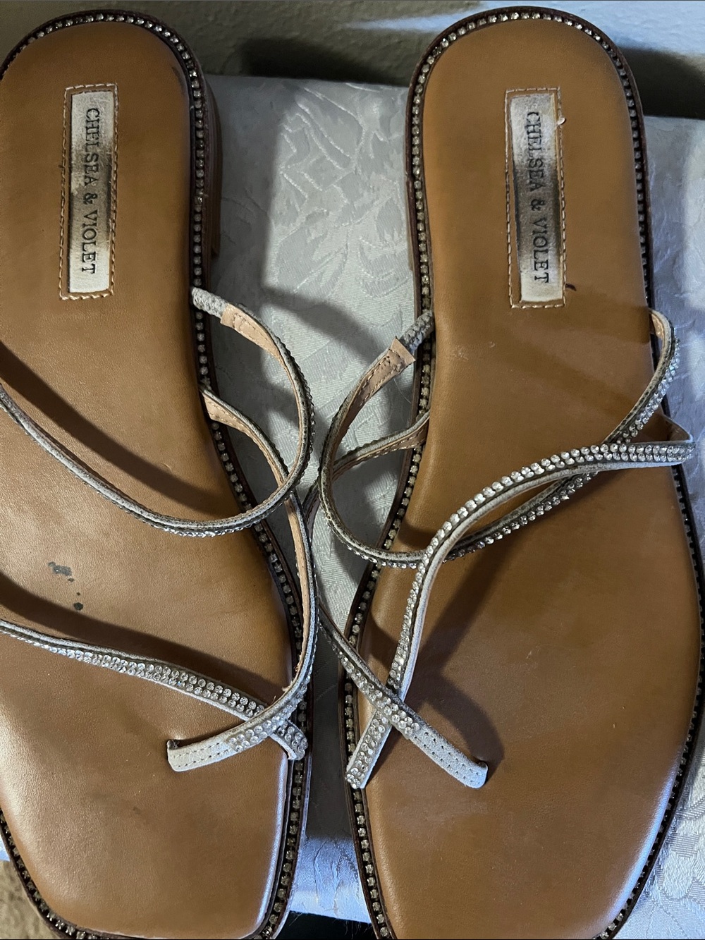 Chelsea & Violet Tan Leather Sandals with Crystal-Strap Detail